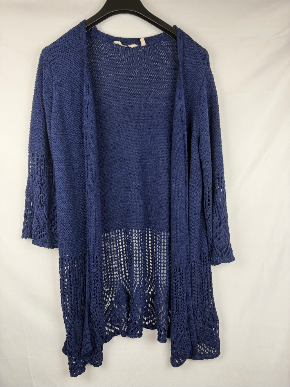 Soft Surroundings Navy Blue Open-Knit Cardigan long duster open front L